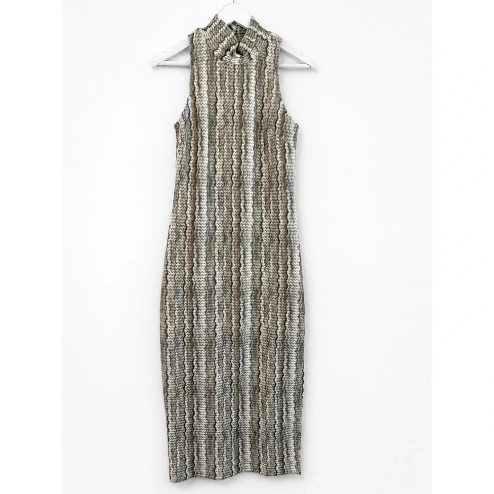 Skies Are Blue Sleeveless Mock Neck Bodycon Midi Dress Textured Knit Stripe XS